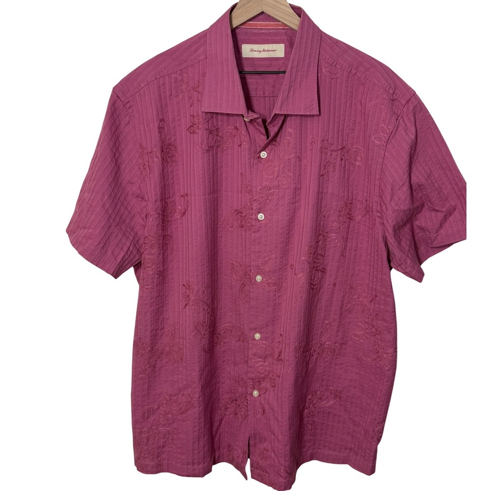 Tommy Bahama Mens XLX Red Pink Floral Embroidered Short Sleeve Button Up Silk‎